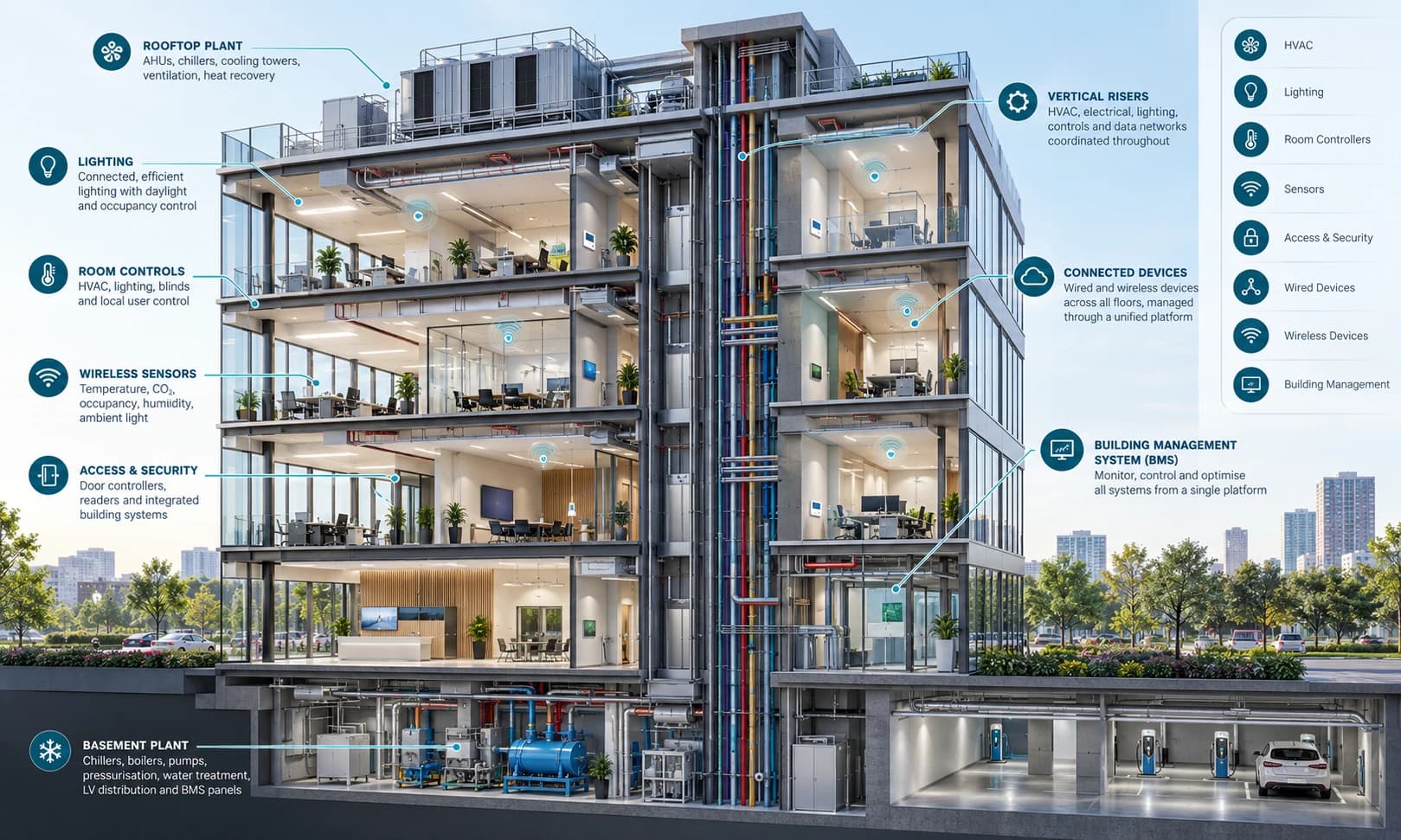 Cutaway building illustration showing rooftop and basement plant, vertical risers, connected floors and room controls