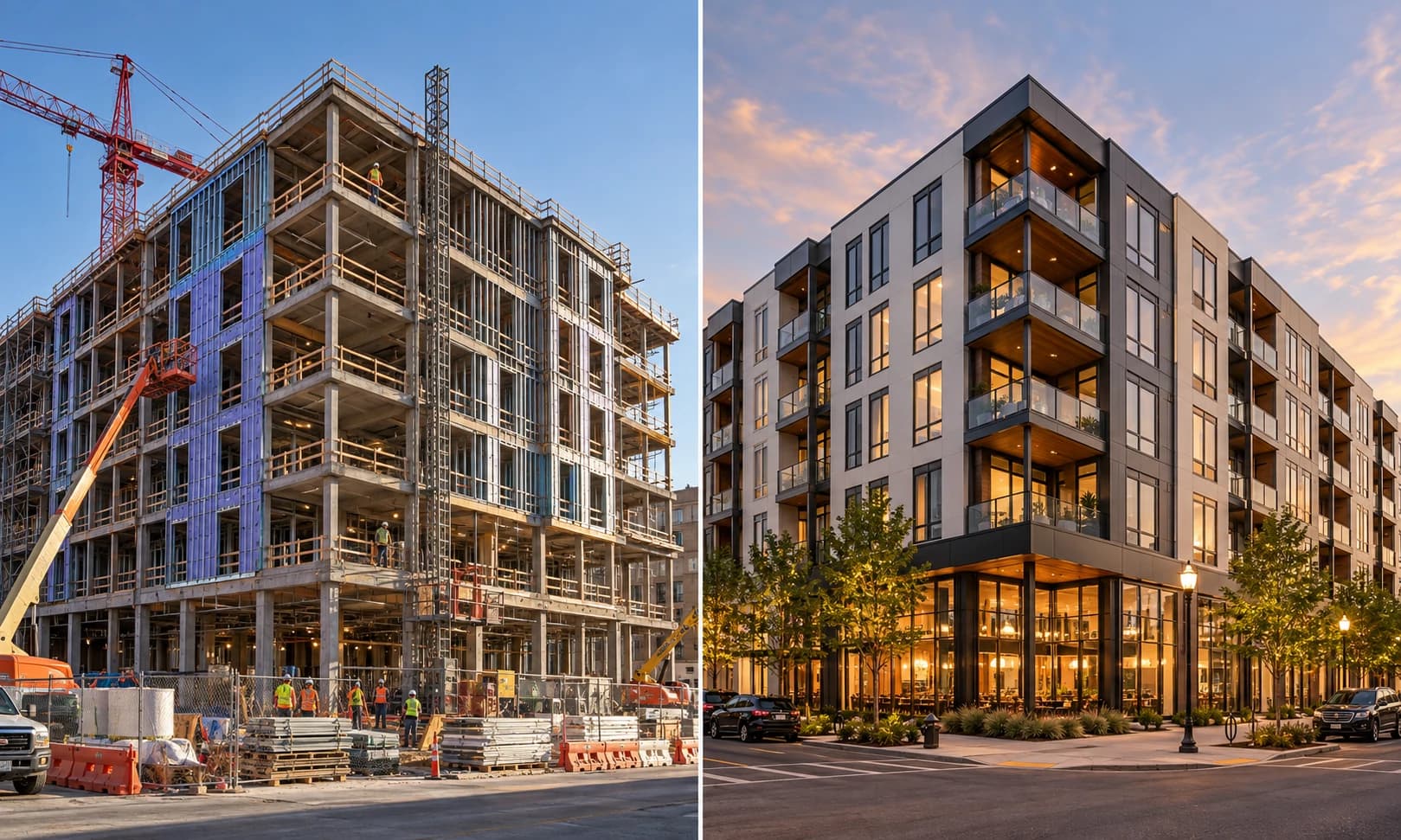 Paired illustration of a building under construction with cranes and a completed modern apartment building at dusk