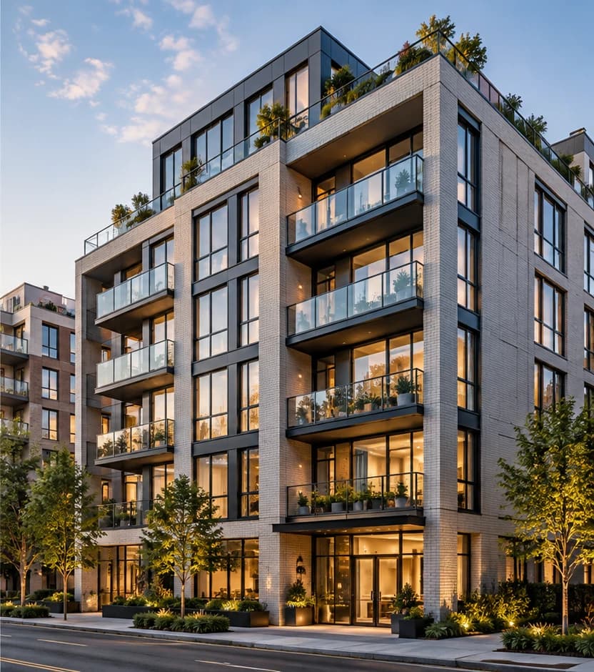 Modern apartment building with glass balconies and landscaped frontage