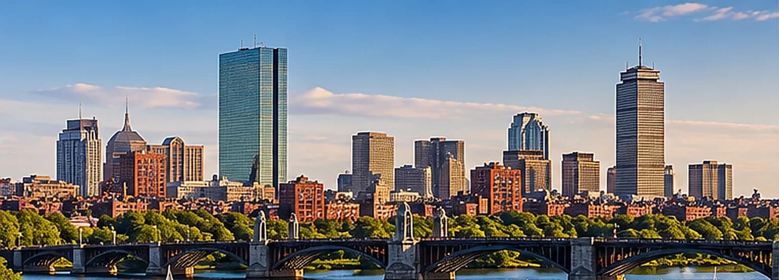 Boston skyline across the Charles River, with established and contemporary buildings
