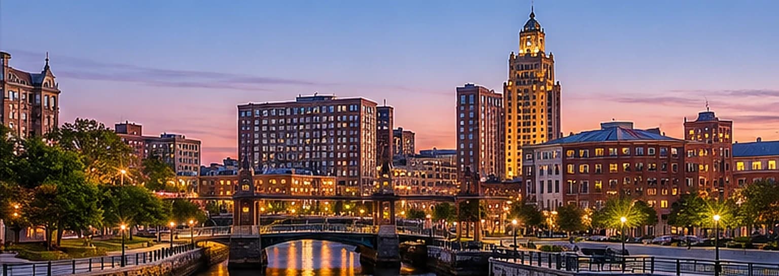 Providence downtown buildings and bridges along the Providence River