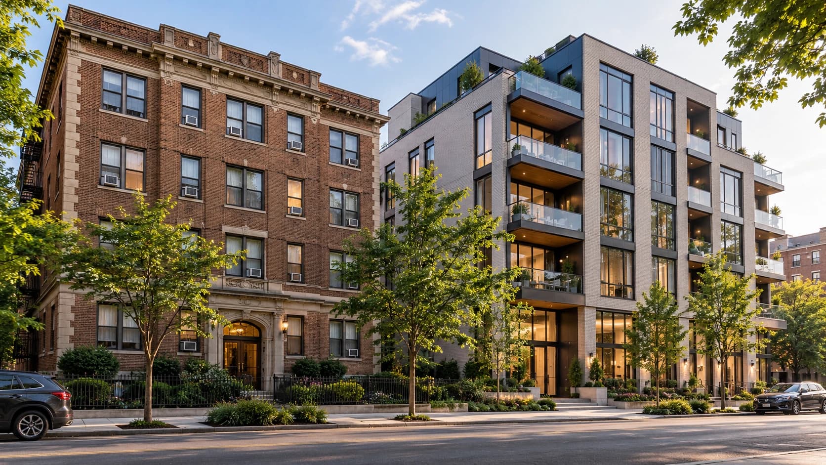 Historic brick and modern glass apartment buildings along a tree-lined city street
