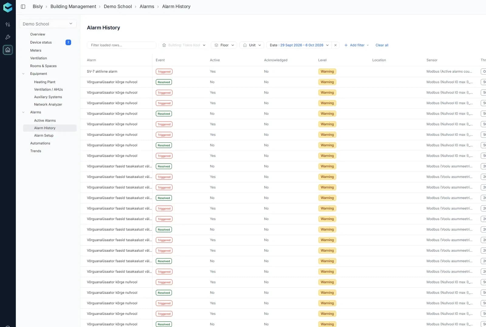 Bisly BMS alarm history screen