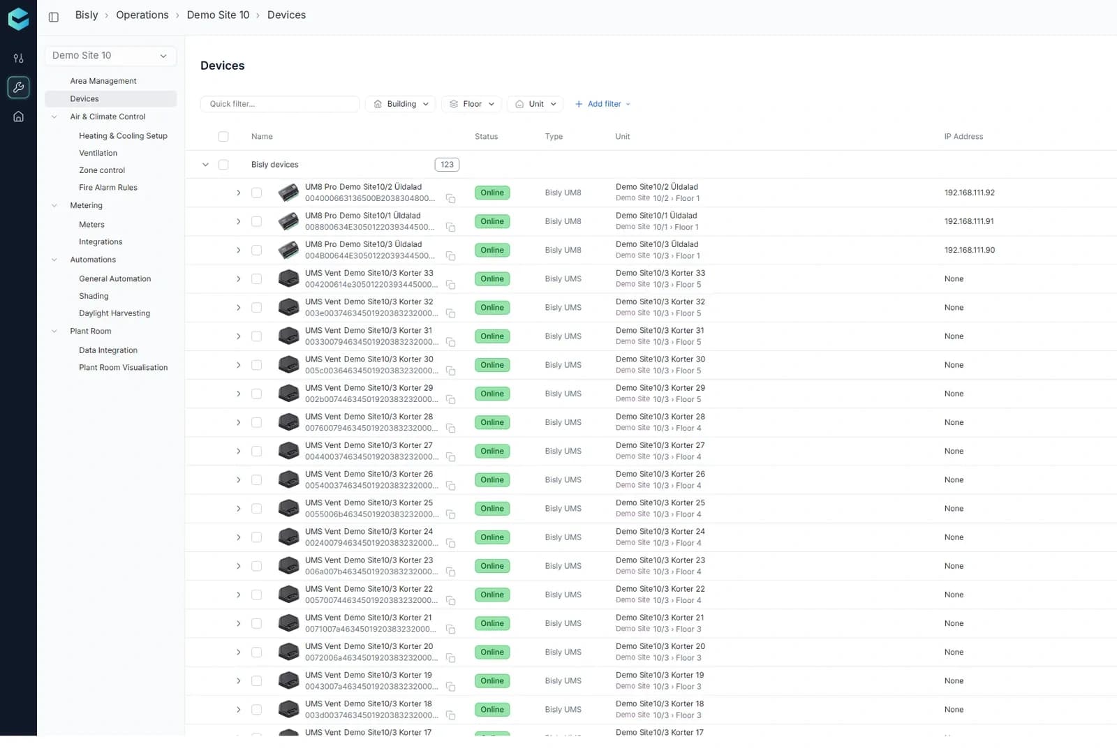 Bisly operations interface showing device configuration