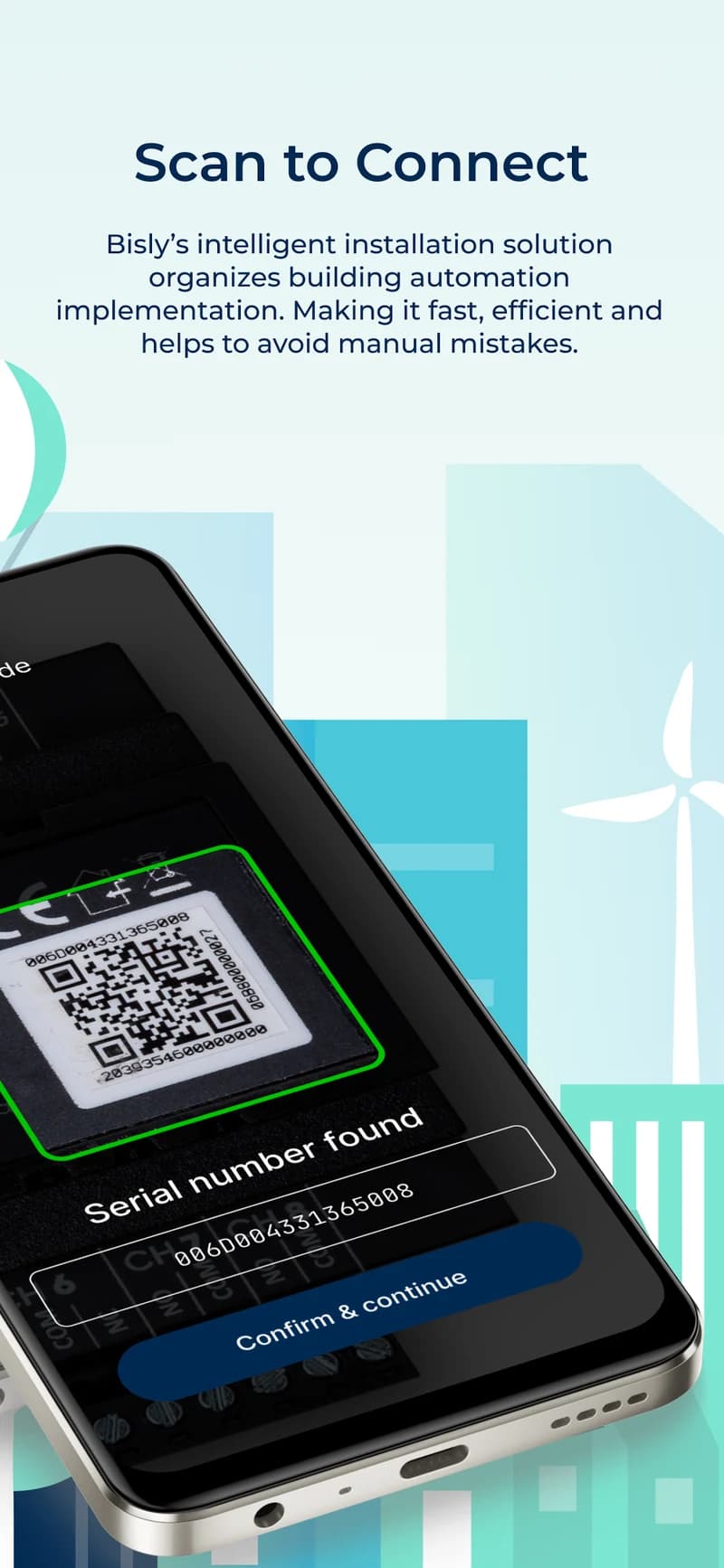 Aplicación Bisly Installer escaneando un código QR para conectar un dispositivo de automatización con su gemelo digital