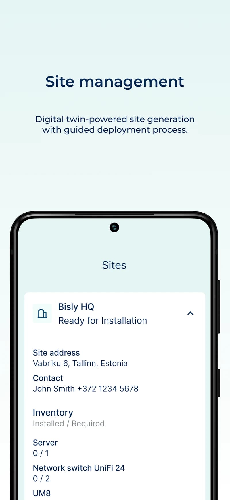 Interfaz de gestión de sitios de Bisly Installer conectada al gemelo digital del edificio